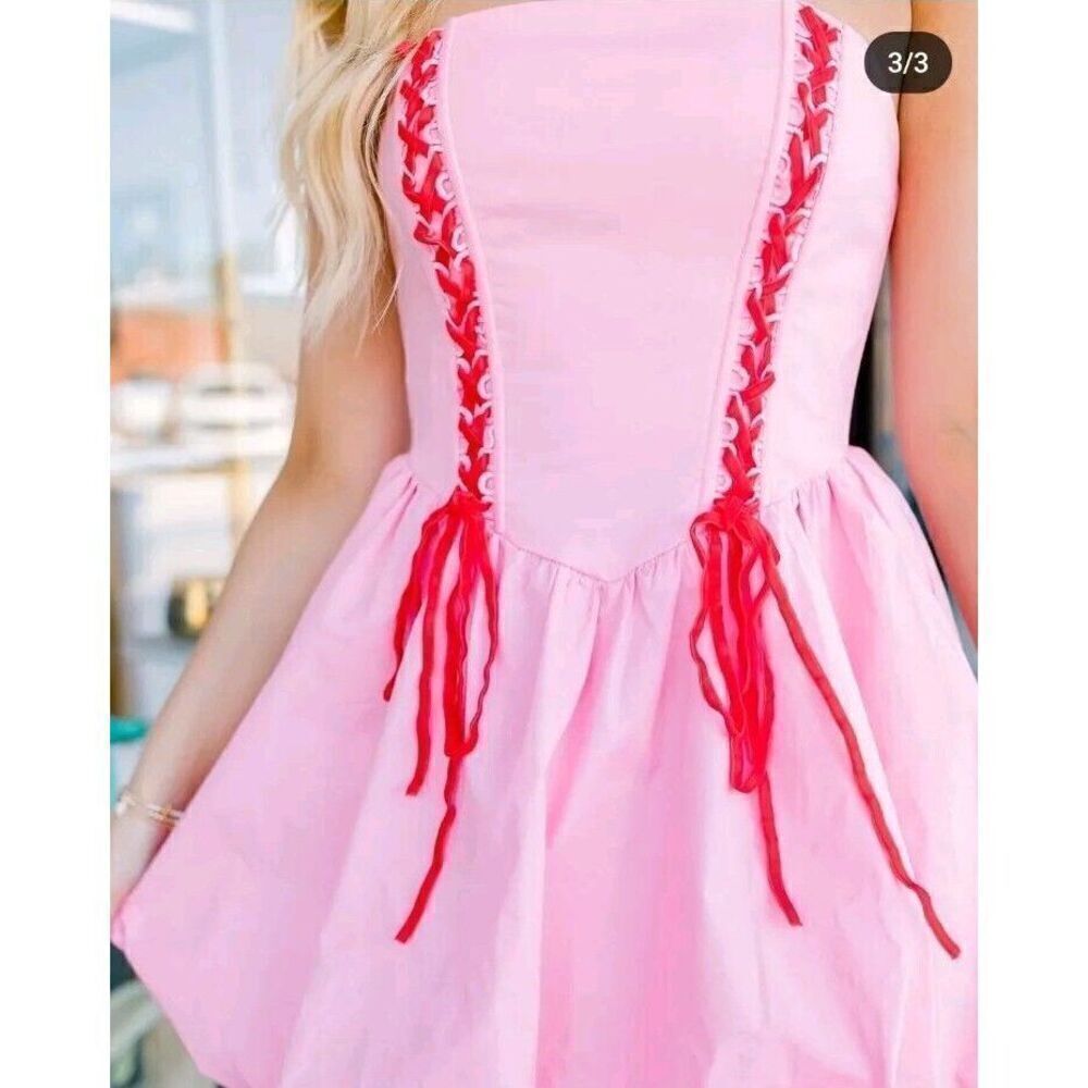 Lena Size Mediun Pink With Red Lace Up Velvet Ties Valentines Bubble Dress